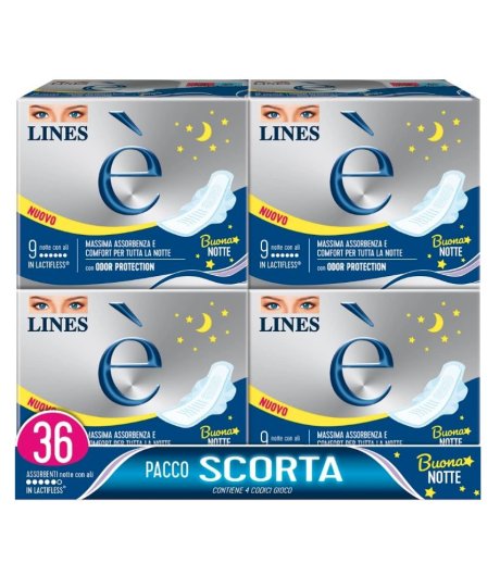 Lines E' Quadri Notte 4 pacchetti x 9+2 assorbenti ognuno Lines E' Quadri Notte 4 pacchetti x 9+2 assorbenti ognuno