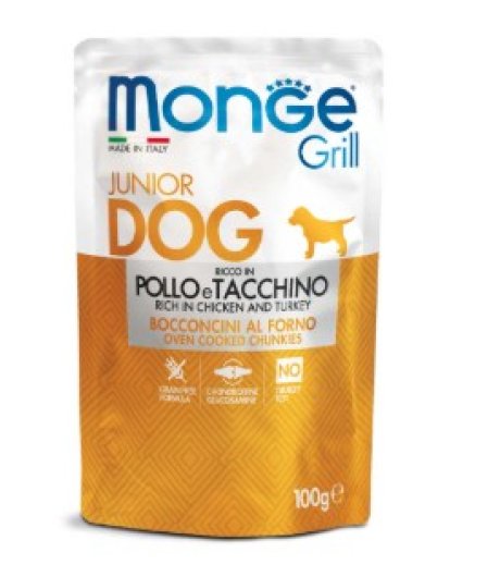 MONGE GRILL BOCCONCINI per CANE JUNIOR POLLO TACCHINO bustina da 100grammi MONGE GRILL BOCCONCINI per CANE JUNIOR POLLO TACCHINO bustina da 100grammi