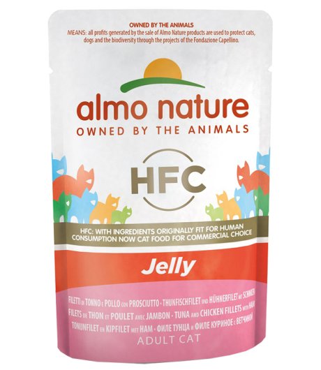 ALMO NATURE GATTO HFC JELLY ADULT TONNO POLLO PROSCIUTTO 55GR (bustina)