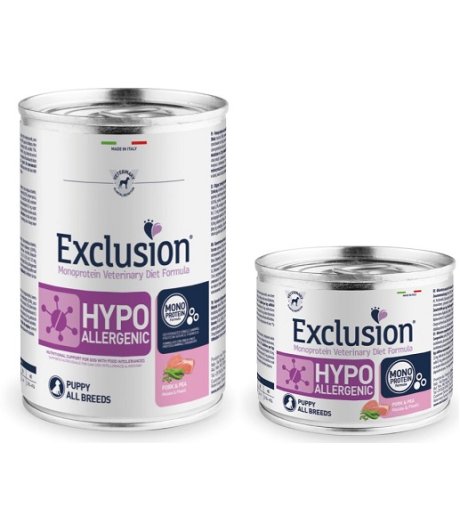 EXCLUSION CANE DIET HYPOALLERGENIC ALL BREEDS PUPPY MAIALE PISELLI 200GR (lattina)