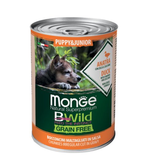 MONGE CANE BWILD GRAIN FREE GRAVY (IN SALSA) PUPPY/JUNIOR ANATRA 400GR (lattina)