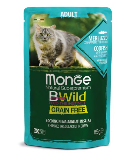 MONGE GATTO BWILD GRAIN FREE ADULT MERLUZZO 85GR (bustina)