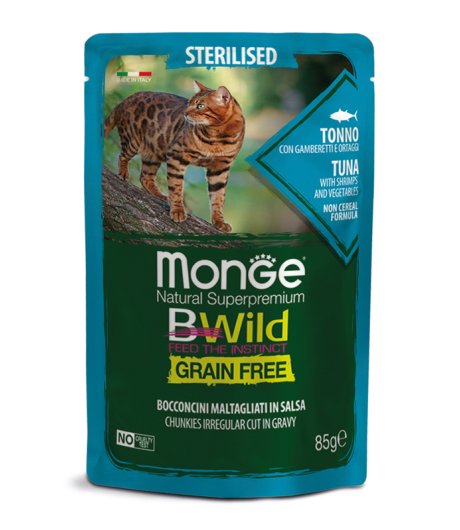 MONGE GATTO BWILD STERILISED TONNO GAMBERETTI 85GR (bustina)