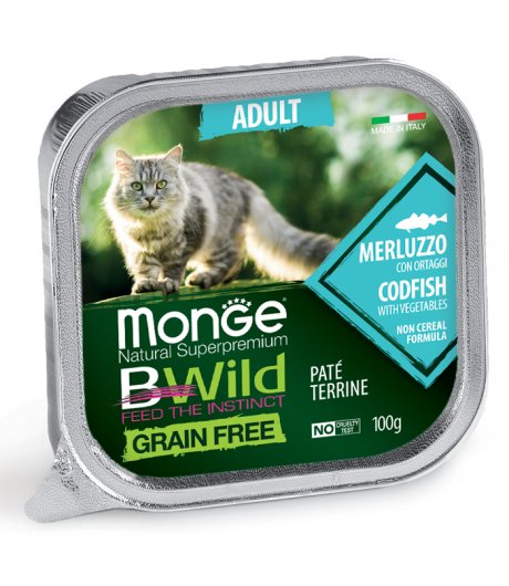 MONGE GATTO BWILD GRAIN FREE STERILISED MERLUZZO 100GR (vaschetta)