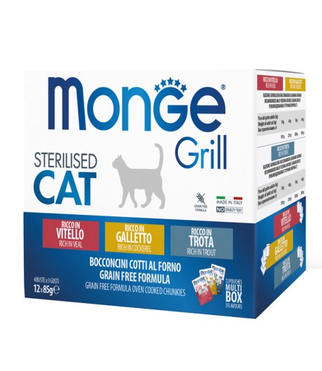 MONGE GATTO GRILL STERILISED GRAIN FREE BOCCONCINI VITELLO/GALLETTO/TROTA 12x85GR (bustina) MULTIPACK