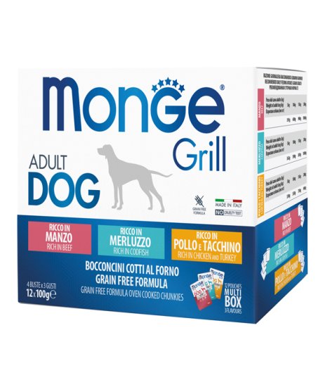 MONGE CANE GRILL ADULT GRAIN FREE BOCCONCINI MANZO/MERLUZZO/POLLO 12x100GR (bustina) MULTIPACK