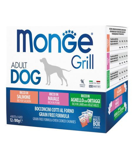 MONGE CANE GRILL ADULT GRAIN FREE BOCCONCINI SALMONE/MAIALE/AGNELLO 12x100GR (bustina) MULTIPACK
