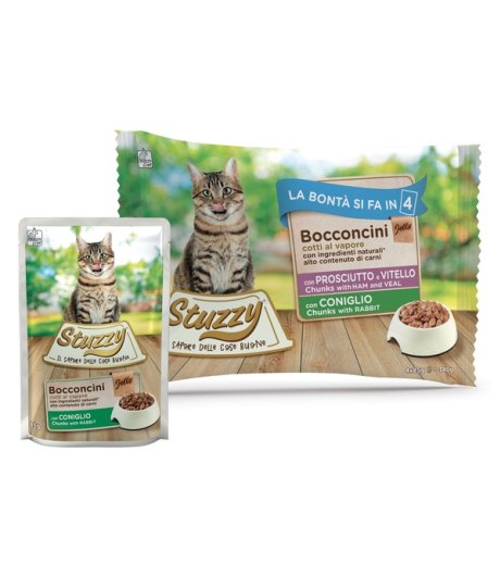 STUZZY GATTO BOCCONCINI JELLY PROSCIUTTO VITELLO/CONIGLIO 4x85GR (bustina) MULTIPACK