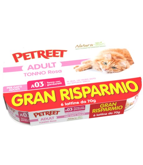 PETREET GATTO ADULT A03 TONNO ROSA GAMBERETTI 6x70GR (lattina) MULTIPACK