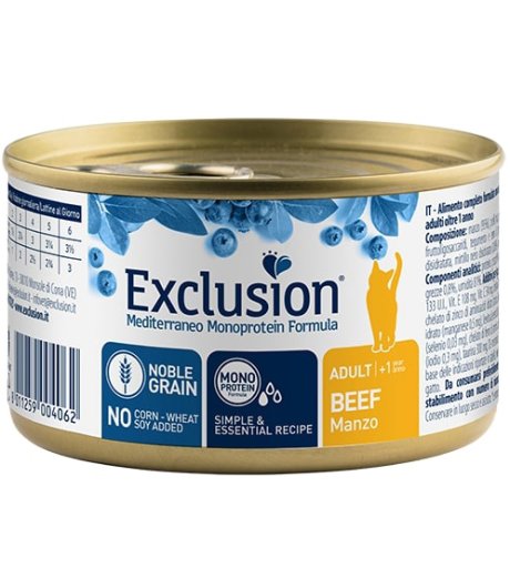 EXCLUSION GATTO MEDITERRANEO MONOPROTEICO NOBLE GRAIN ADULT MANZO 85GR (lattina)