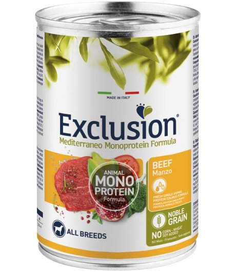 EXCLUSION CANE MEDITERRANEO MONOPROTEICO NOBLE GRAIN ALL BREEDS ADULT MANZO 400GR (lattina)