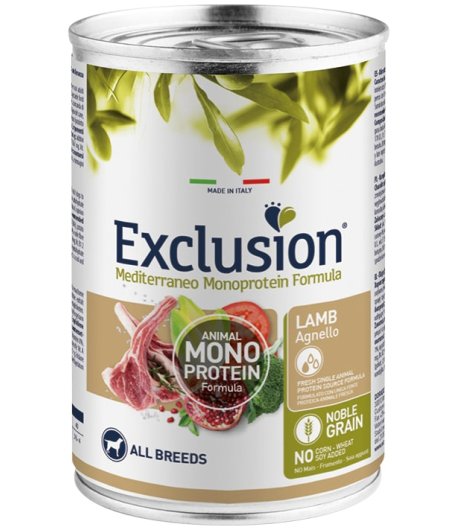 EXCLUSION CANE MEDITERRANEO MONOPROTEICO NOBLE GRAIN ALL BREEDS ADULT AGNELLO 400GR (lattina)