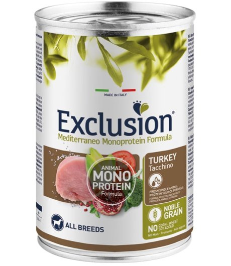 EXCLUSION CANE MEDITERRANEO MONOPROTEICO NOBLE GRAIN ALL BREEDS ADULT TACCHINO 400GR (lattina)