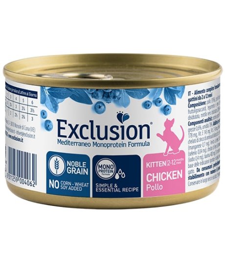 EXCLUSION GATTO MEDITERRANEO MONOPROTEICO NOBLE GRAIN KITTEN POLLO 85GR (lattina)