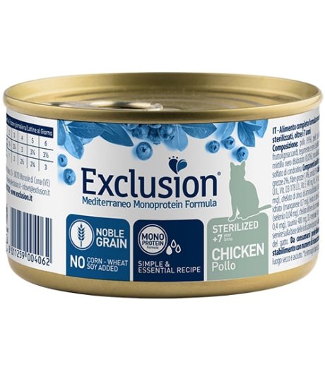 EXCLUSION GATTO MEDITERRANEO MONOPROTEICO NOBLE GRAIN STERILIZED +7 POLLO 85GR (lattina)