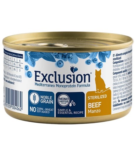 EXCLUSION GATTO MEDITERRANEO MONOPROTEICO NOBLE GRAIN STERILIZED MANZO 85GR (lattina)