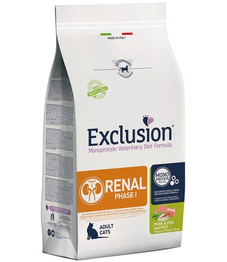 EXCLUSION GATTO DIET RENAL PHASE 1 MONOPROTEICO ADULT MAIALE PISELLI RISO 1,5KG