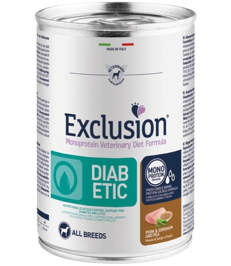 EXCLUSION CANE DIET DIABETIC ALL BREEDS ADULT MAIALE SORGO PISELLI 400GR (lattina)