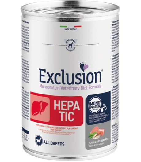 EXCLUSION CANE DIET HEPATIC ALL BREEDS ADULT MAIALE RISO PISELLI 400GR (lattina)