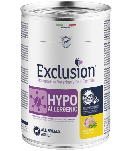 EXCLUSION CANE DIET HYPOALLERGENIC ALL BREEDS ADULT QUAGLIA PISELLI 400GR (lattina)