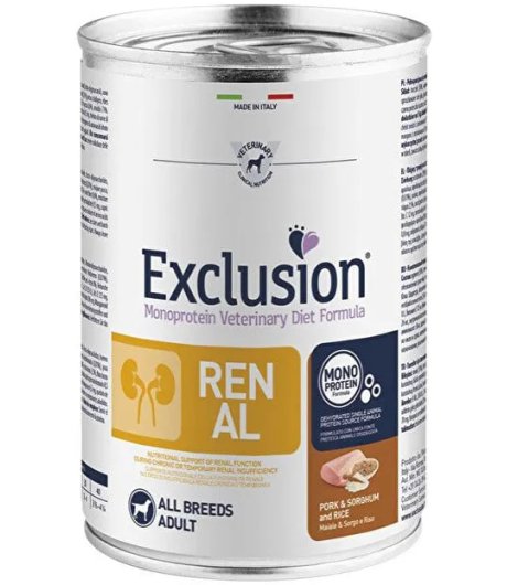 EXCLUSION CANE DIET RENAL ALL BREEDS ADULT MAIALE SORGO RISO 400GR (lattina)