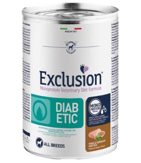 EXCLUSION CANE DIET DIABETIC ALL BREEDS ADULT MAIALE SORGO PISELLI 200GR (lattina)