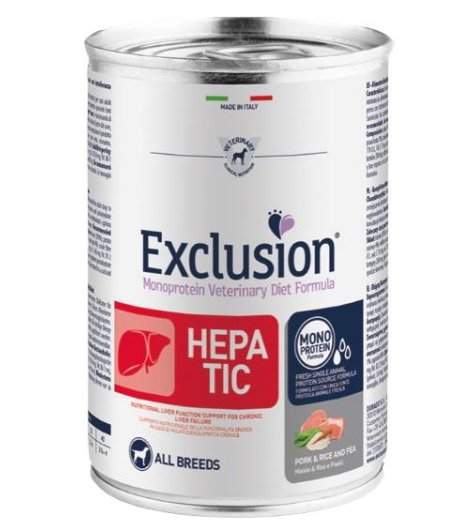 EXCLUSION CANE DIET HEPATIC ALL BREEDS ADULT MAIALE RISO PISELLI 200GR (lattina)