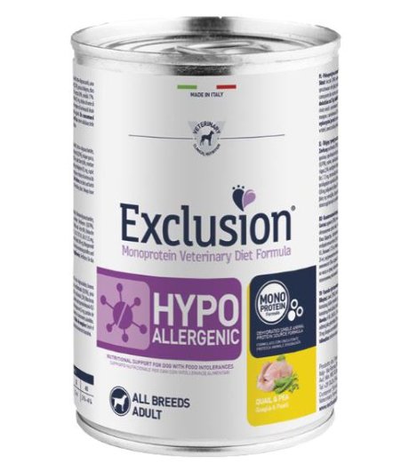 EXCLUSION CANE DIET HYPOALLERGENIC ALL BREEDS ADULT QUAGLIA PISELLI 200GR (lattina)