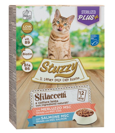 STUZZY GATTO SFILACCETTI STERILIZED MERLUZZO/SALMONE 12x85GR (bustina) MULTIPACK
