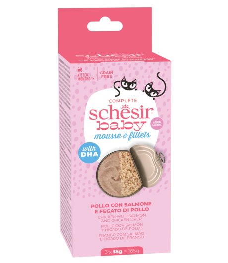 SCHESIR GATTO BABY MOUSSE & FILLETS GRAIN FREE KITTEN POLLO SALMONE FEGATO 3x55GR (lattina)