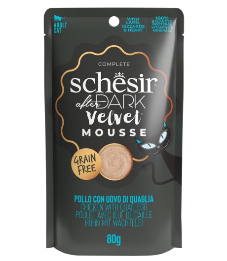 SCHESIR GATTO DARK VELVET MOUSSE POLLO UOVO DI QUAGLIA 80GR (bustina)