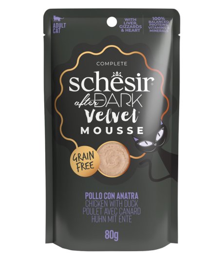 SCHESIR GATTO DARK VELVET MOUSSE GRAIN FREE ADULT POLLO ANATRA 80GR (bustina)