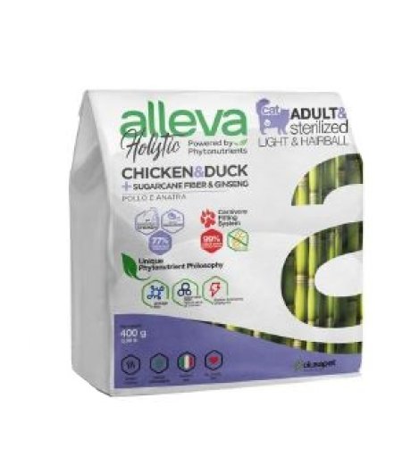 ALLEVA HOLISTIC CAT ADULT & STERILIZED LIGHT & HAIRBALL CHICKEN & DUCK + SUGARCANE FIBER & GINSENG KG 0,400 - P00271H