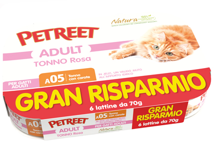 PETREET GATTO ADULT A05 TONNO ROSA CAROTE 6x70GR (lattina) MULTIPACK