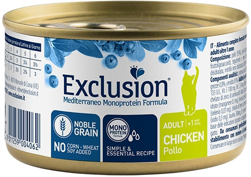 Exclusion Mediterraneo Pollo 85g: Umido Monoproteico per Gatti