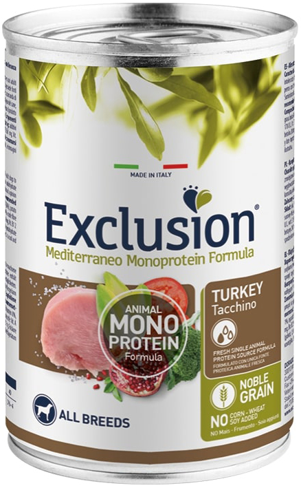 Exclusion Cane Mediterraneo Monoproteico Noble Grain All Breeds Adult Tacchino 400GR (Lattina)