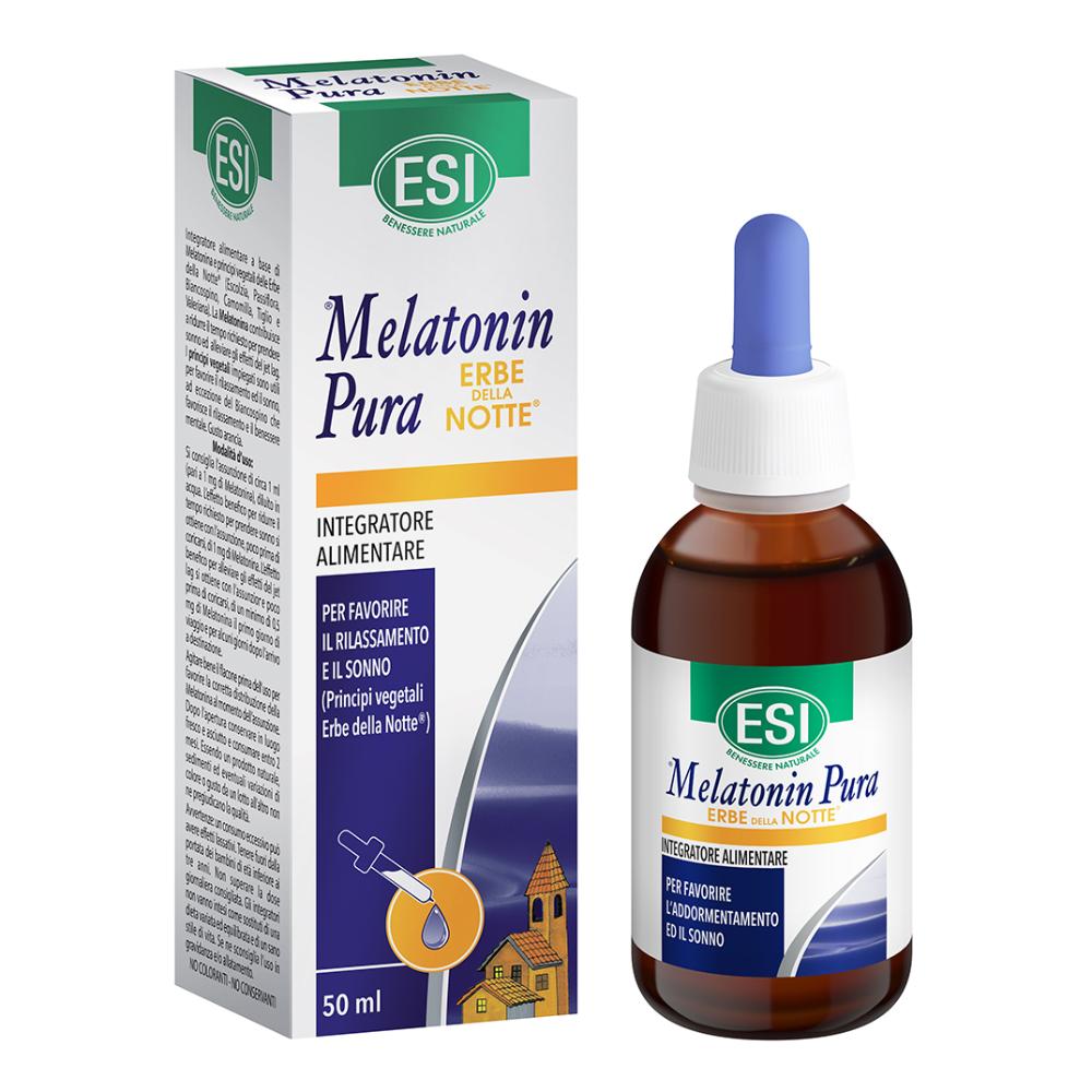 ESI - Melatonin Pura con Erbe della Notte, Integratore Alimentare in Gocce con Melatonina, Passiflora, Biancospino e Camomilla, Favorisce il Sonno, Senza Glutine e Vegan, Gusto Arancia, 50 ml-image